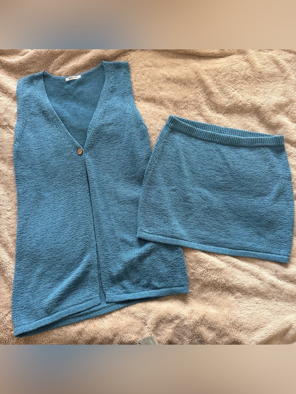 peppermayo australia SET blue knit mini skirt + vest top shirt LARGE beach vacay